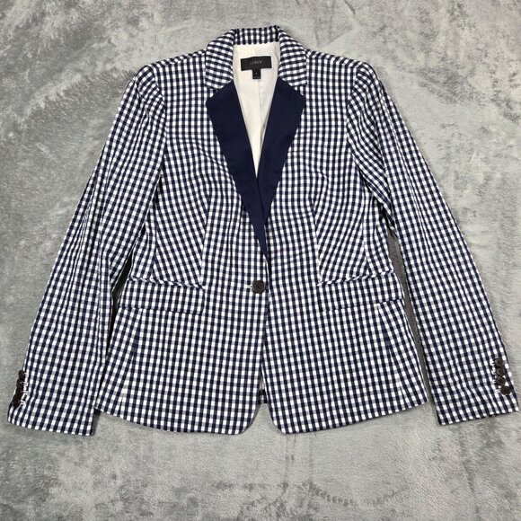 J Crew Blazer Womens 8 Blue White Gingham Preppy Puckered Seersucker Jacket - Picture 2 of 11
